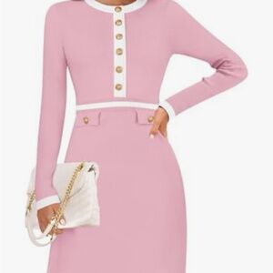 Pink Long-Sleeve Crew Neck Dress